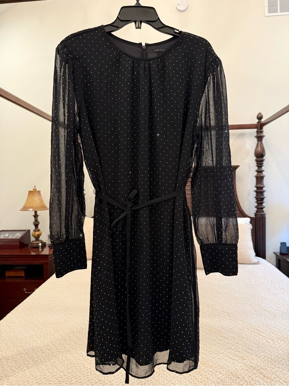Ann Taylor Black Polka Dot Tie-Waist Long Sleeve Dress